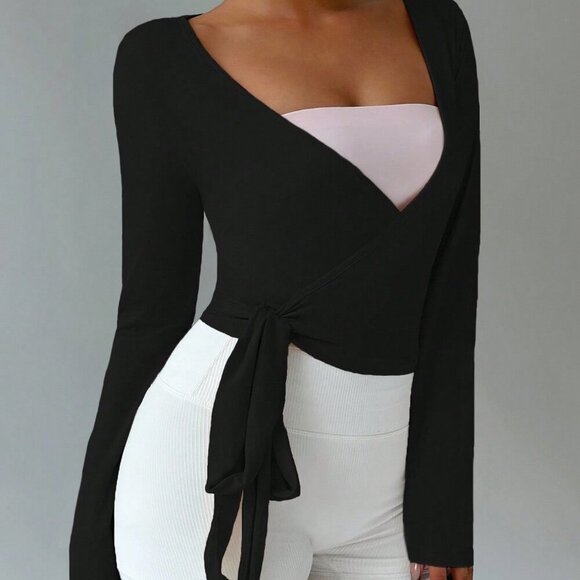 Tops - Black Casual Women's Yoga Tie-Up V-Neck Wrap Long Sleeve Cropped Tee